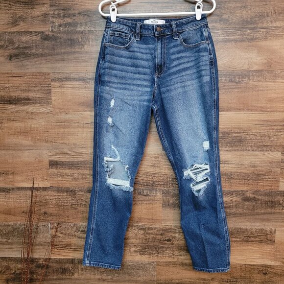 Hollister Jeans Size 28 Curvy High Rise Mom Ripped Medium Dark Wash Stretch - Picture 1 of 9